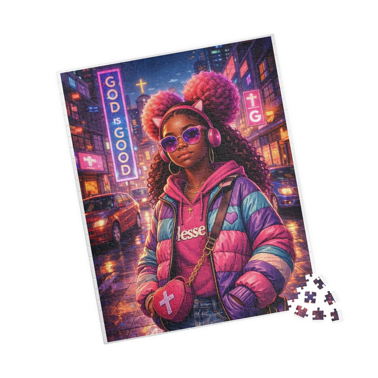 Neon Soul Portrait Puzzle — Vibrant Afrocentric Girl Jigsaw (110–520 pcs)