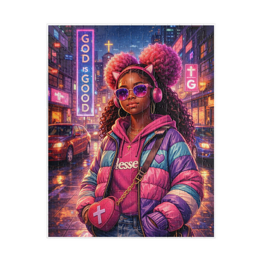 Neon Soul Portrait Puzzle — Vibrant Afrocentric Girl Jigsaw (110–520 pcs)