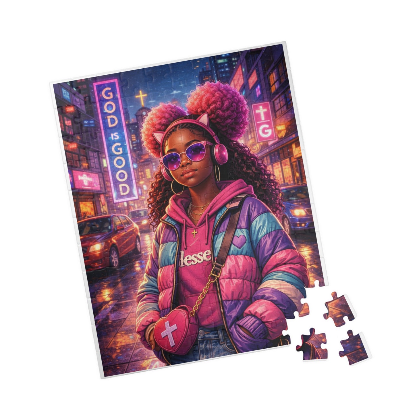 Neon Soul Portrait Puzzle — Vibrant Afrocentric Girl Jigsaw (110–520 pcs)